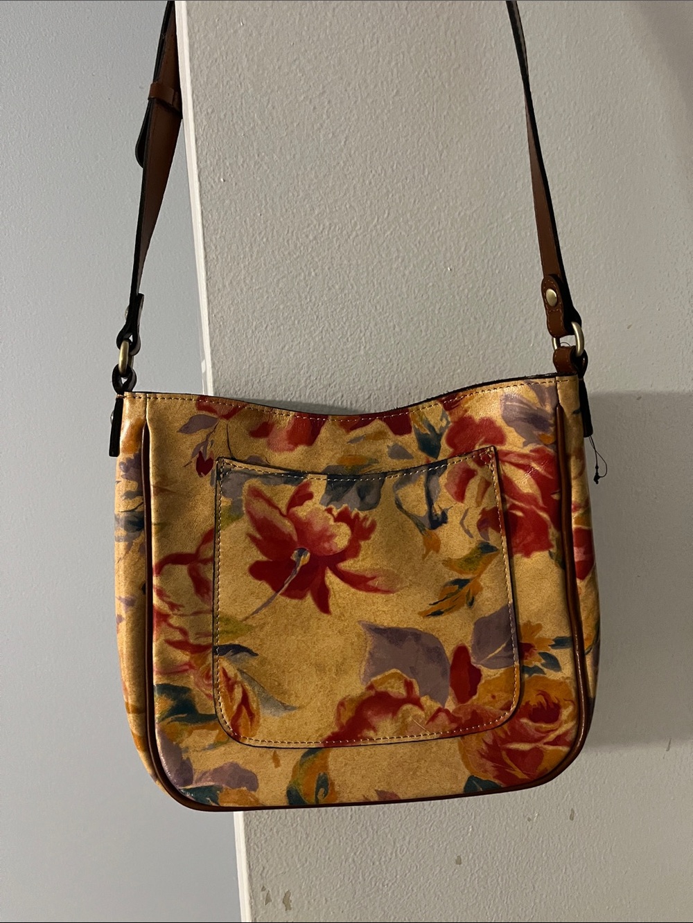 Patricia Nash Mustard Floral Shoulder Bag with Red Accents
